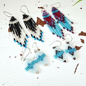Blue Beaded Earrings Set, Fringe Earrings, Earring Bundle, 4 PC